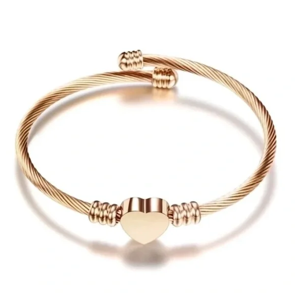 Beautiful Rose Gold Heart Cable Bangle Bracelet - Picture 3 of 5